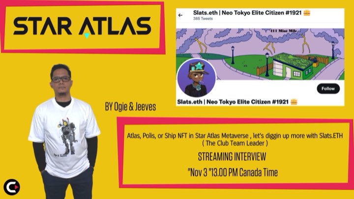 #StarAtlas #Metaverse , #Polis , #Atlas & #ShipNFT , Join us at youtube.com/channel/UCHf9w… , YT Streaming Interview @SlatsETH ( The Club Team Leader ) Nov 3 , 13:00 PM Canada Time . @staratlas @at_mwagner @Santiacc_ @Loid_Official @_DreamingDragon #PlayToEarn #Play2Earn