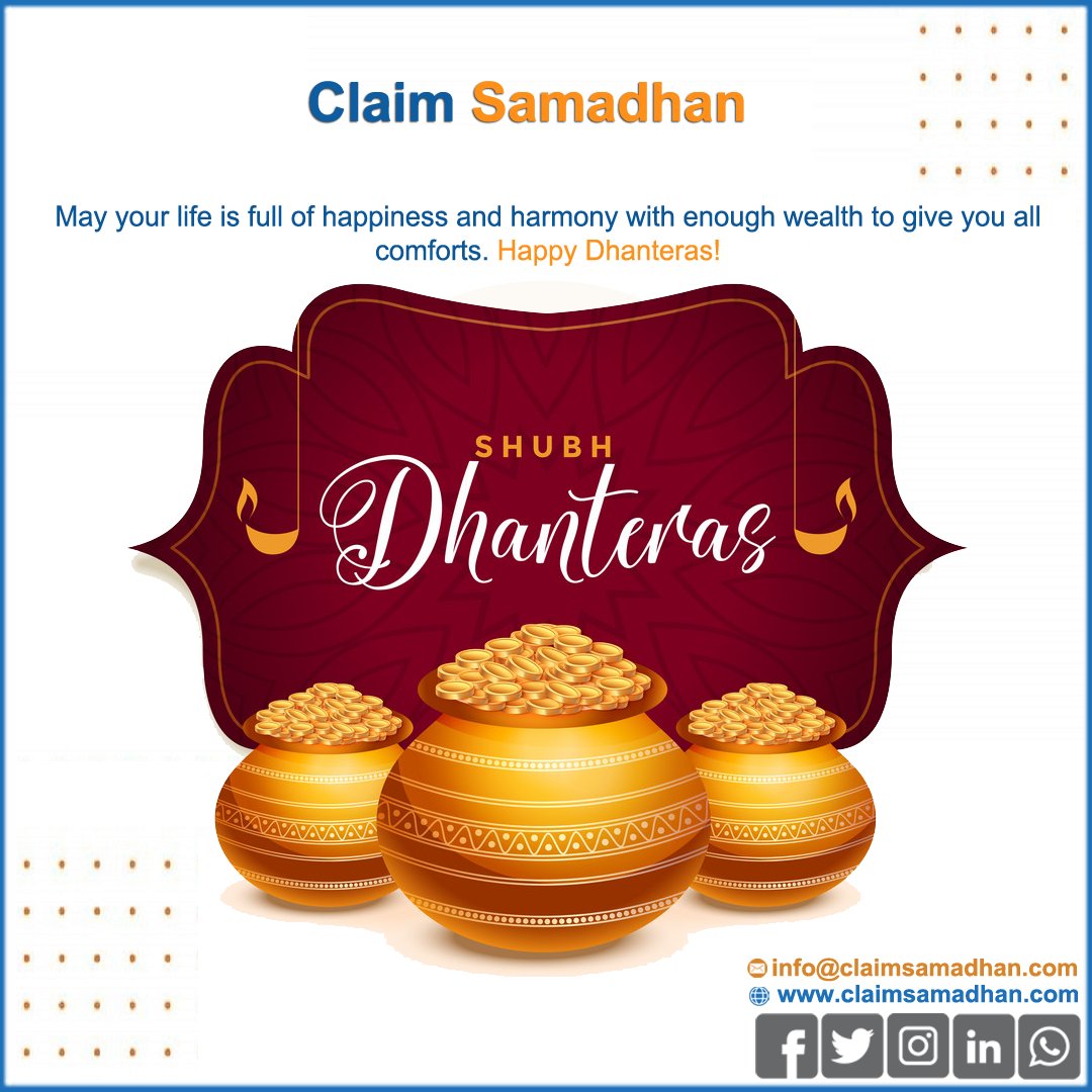 claimsamadhan's tweet photo. May your life is full of happiness and harmony with enough wealth to give you all comforts. Happy Dhanteras!

#dhanteras #diwali #happydhanteras #festival #happydiwali #india #indianfestival  #ClaimSamadhan https://t.co/3D18NZkOaK