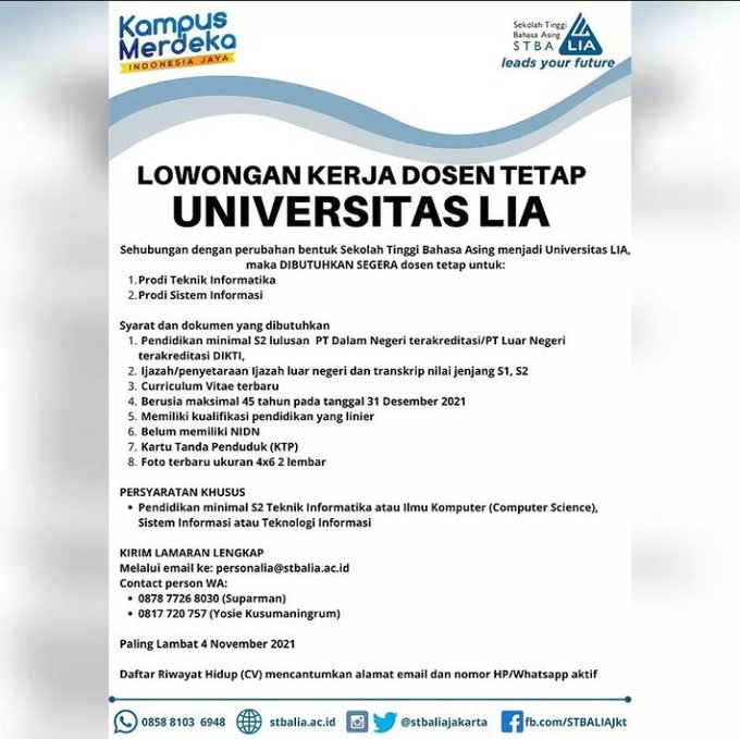 LOWONGAN DOSEN TETAP UNIVERSITAS LIA