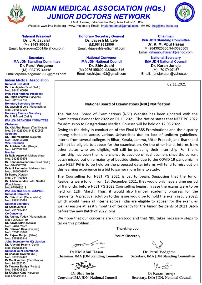 imajdnnational's tweet photo. IMA JDN writes to @NBEMS_INDIA regarding concern of Interns who might not be eligible for NEET PG 2022, requests urgent steps to tackle the problem. https://t.co/4WmXj5Zvbt