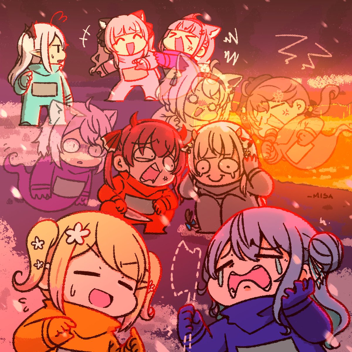 crewmate (among us) ,hoshimachi suisei ,houshou marine ,momosuzu nene ,sakura miko ,shirogane noel ,yukihana lamy multiple girls molten rock cosplay crying hair ornament spacesuit twintails  illustration images