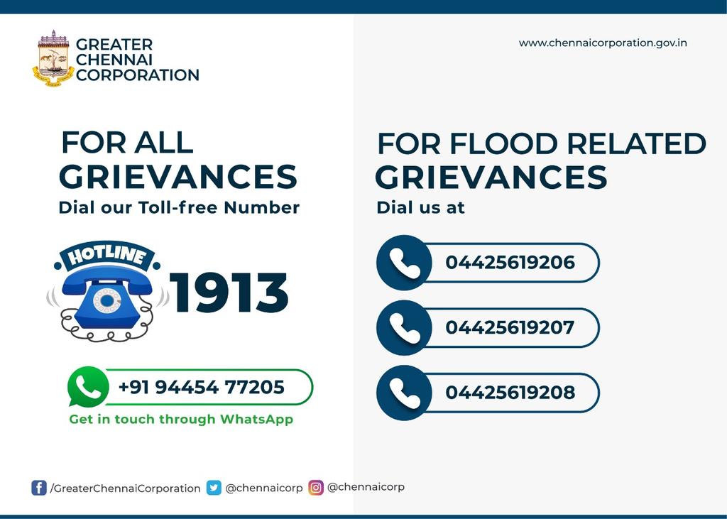 chennaicorp's tweet photo. Dear Chennaiites
For flood related grievances please call: 
04425619206
04425619207
04425619208
#ChennaiCorporation
#HeretoServe https://t.co/XtKMn7w7OM