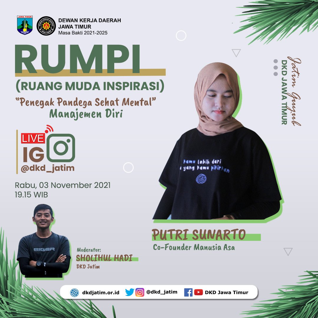 #RUMPI kembali lagi nih dengan sesi Pepes Mental-nya!

Kali ini Pepes Mental akan membahas soal Manajemen Diri nihh bareng narasumber yg seru banget!

Jangan lupa yaa, besok jam 19.15 WIB bangett!

Siapkan pertanyaan terbaik kalian, kita ketemu di Live IG DKD Jatim!