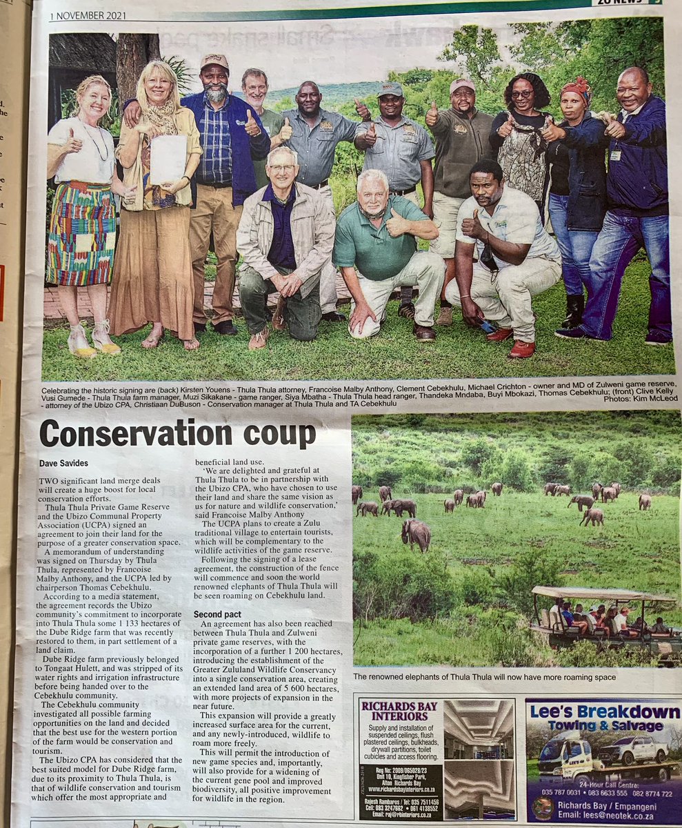 THULATHULA1's tweet image. THULA THULA IS GROWING ! 
With an agreement signed with the UBIZO Community to join their land for a greater conservation land.
The new fencing will commence soon and the world renowned Thula Thula elephants will be seen roaming the new land.
@ThulaThulaFund