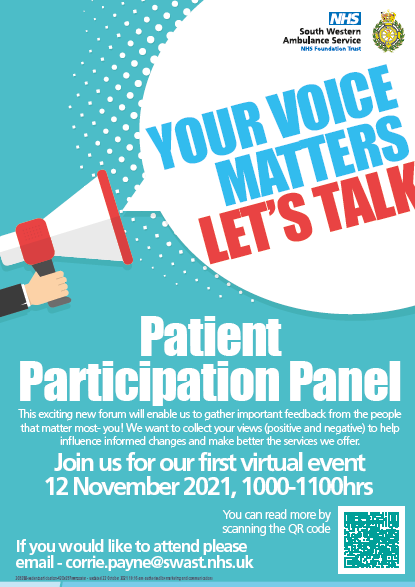 The Trust is launching a new Patient Participation Panel virtually on 12 November 2021, 1000-1100, which we hope will hear your thoughts and help us to improve the care and service we provide to you.

To find out more information visit our website here: swast.nhs.uk/welcome/founda…