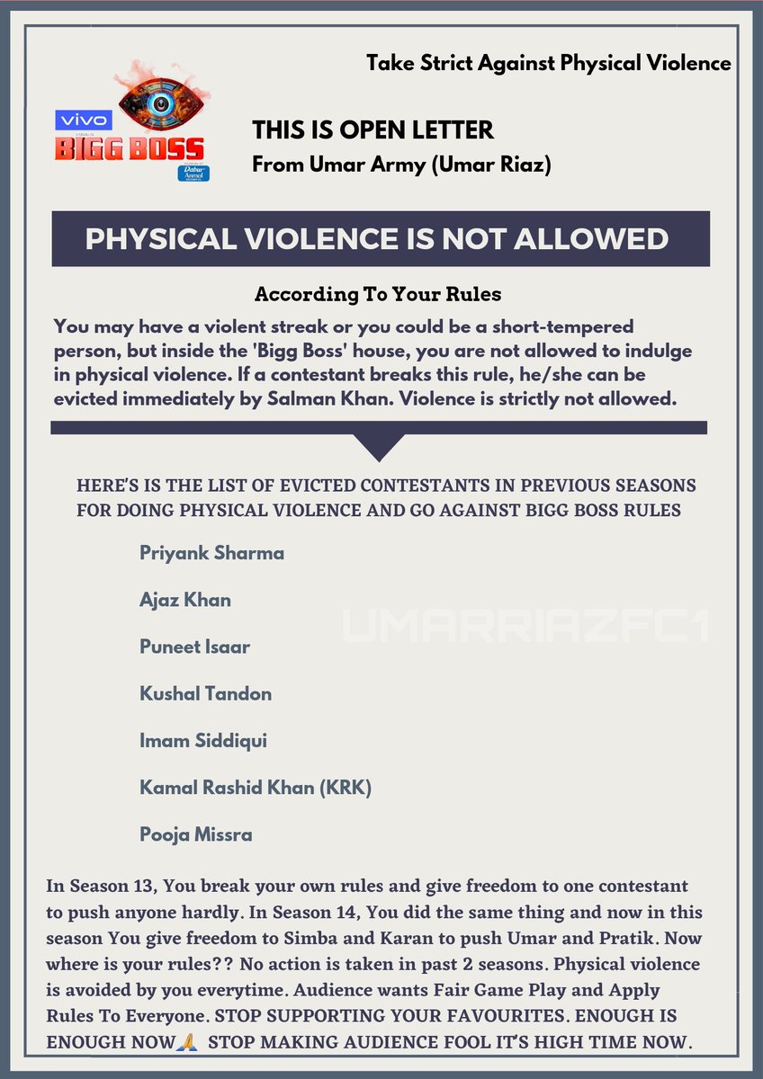 TeamUmarRiaz01's tweet photo. Open Letter For All Makers Team  @ColorsTV @justvoot @BiggBoss @VootSelect @EndemolShineIND @OrmaxMedia @deepak30000  @Banijayasia @EndemolShineIND 
Physical Violence will not be tolerated. Again &amp; Again Taunted
Profession , Defem Of Brother Name  

#JusticeForUmarRiaz #UmarRiaz https://t.co/0Rhhz7IFT3