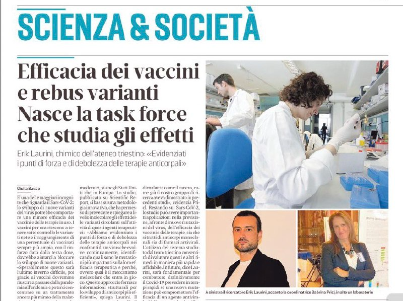 UniTrieste's tweet photo. Efficacia dei #vaccini e rebus varianti #Covid: nasce la task force UniTS che studia gli effetti

Oggi su @il_piccolo intervista a Sabrina Pricl e Erik Laurini del Molecular Biology and Nanotechnology Laboratory

Qui un'anteprima, l'articolo completo lo trovate in edicola oggi ↓ https://t.co/HCdfp56pVO