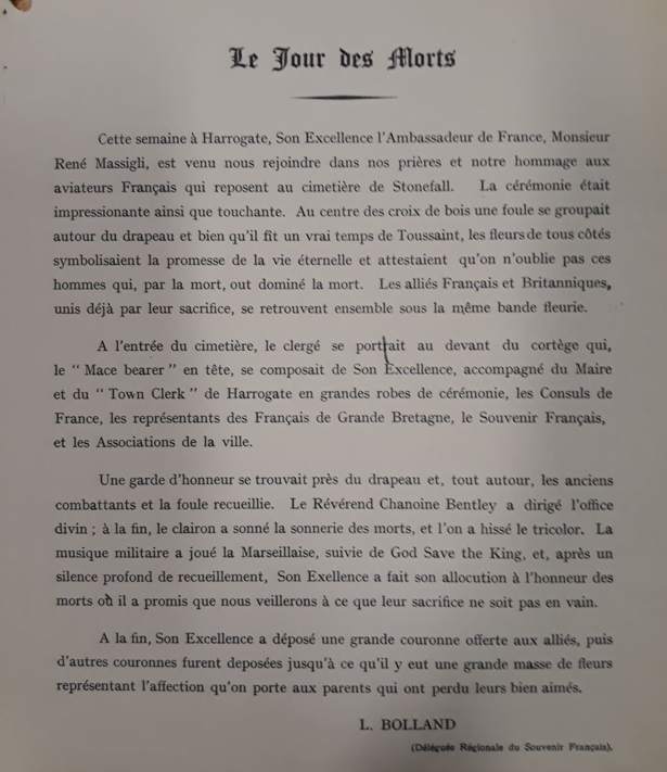 ElizbethjmSmith's tweet image. This report from @CWGC archives describes the Jour des Morts service which took place at #Stonefall Cemetery, #Harrogate #OTD 1947. The report was sent to the relatives of the French aircrew by Souvenir Francais @SouvenirUK  2/2 #AllSaintsDay #AllSoulsDay
