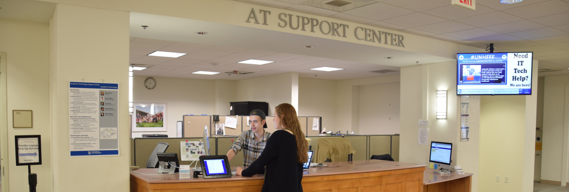 Some technology issues are best addressed with in-person support. The AT Support Center located in Dimond Library (third floor, main level) offers in-person support for <a href="/UNHStudents/">UNH Students</a> with everything from account issues to technology advice. Visit us today!