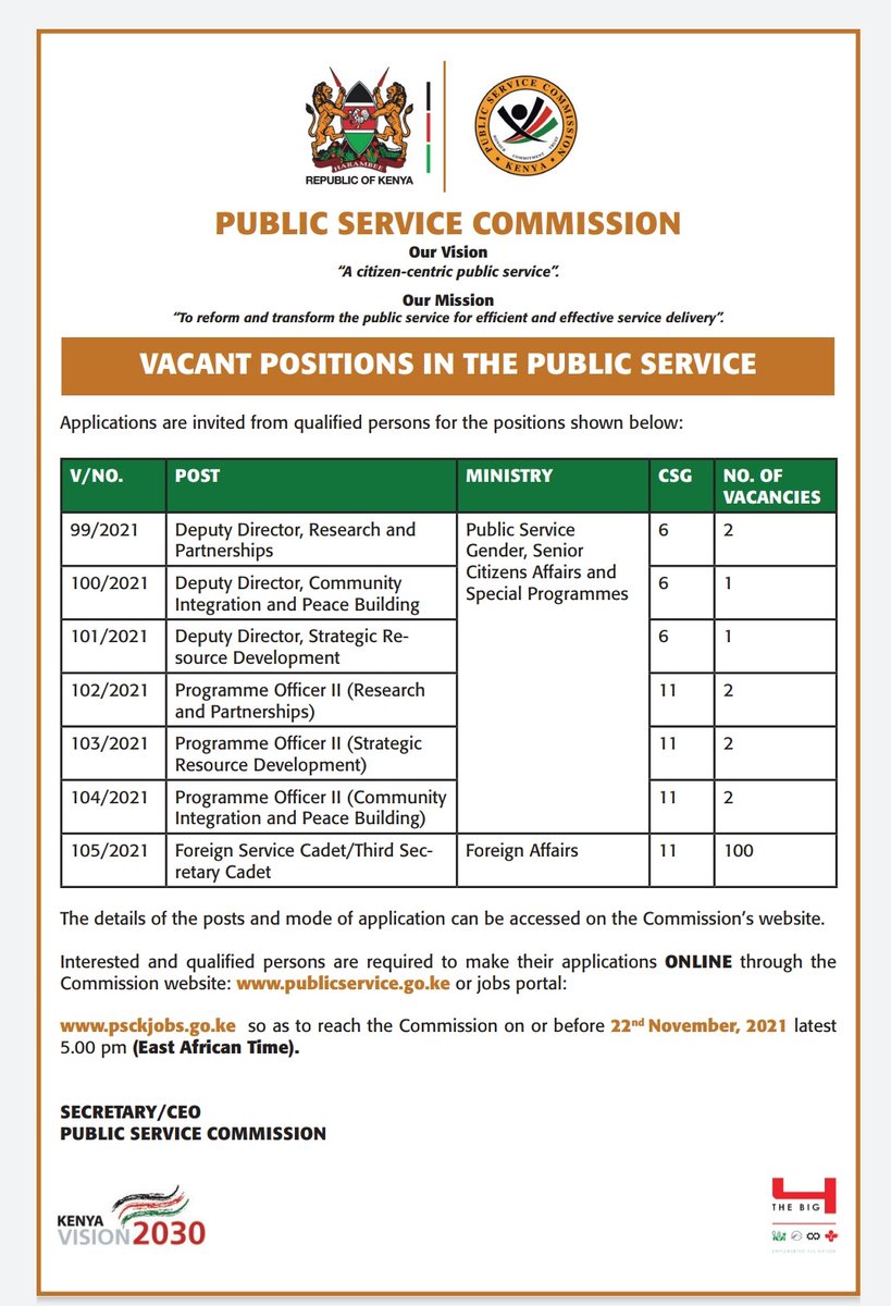 PSCKenya's tweet photo. UPDATE: DECLARATION OF VACANT POSITIONS IN THE PUBLIC SERVICE. Interested candidates encouraged to apply via the PSC portal before or on 22nd November 2021 by 5 pm (EAT). https://t.co/u0uqXS9lKO