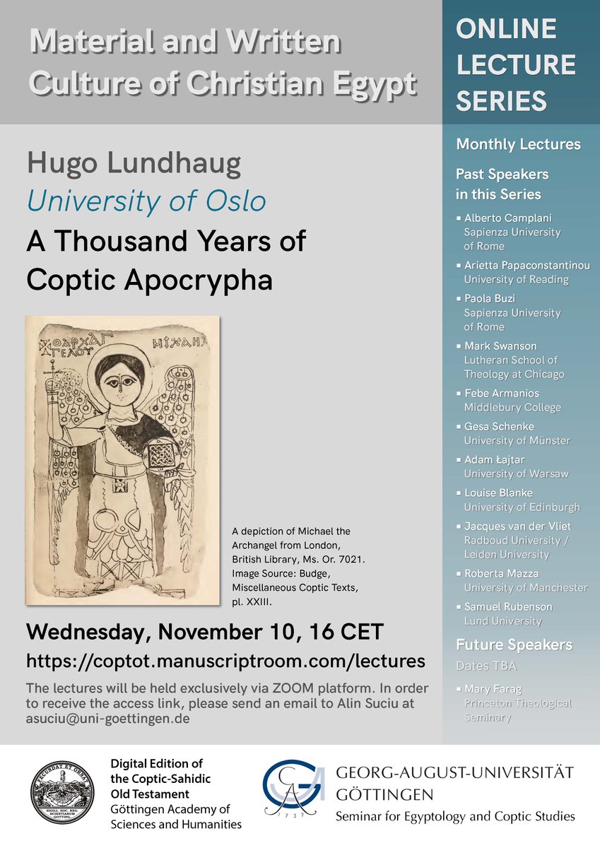 On November 10, Hugo Lundhaug will present a paper entitled "A Thousand Years of Coptic Apocrypha."
The event will take place online. Those who want to participate, and are not yet on the mailing list for the lecture series, should send me an email (address on the poster).