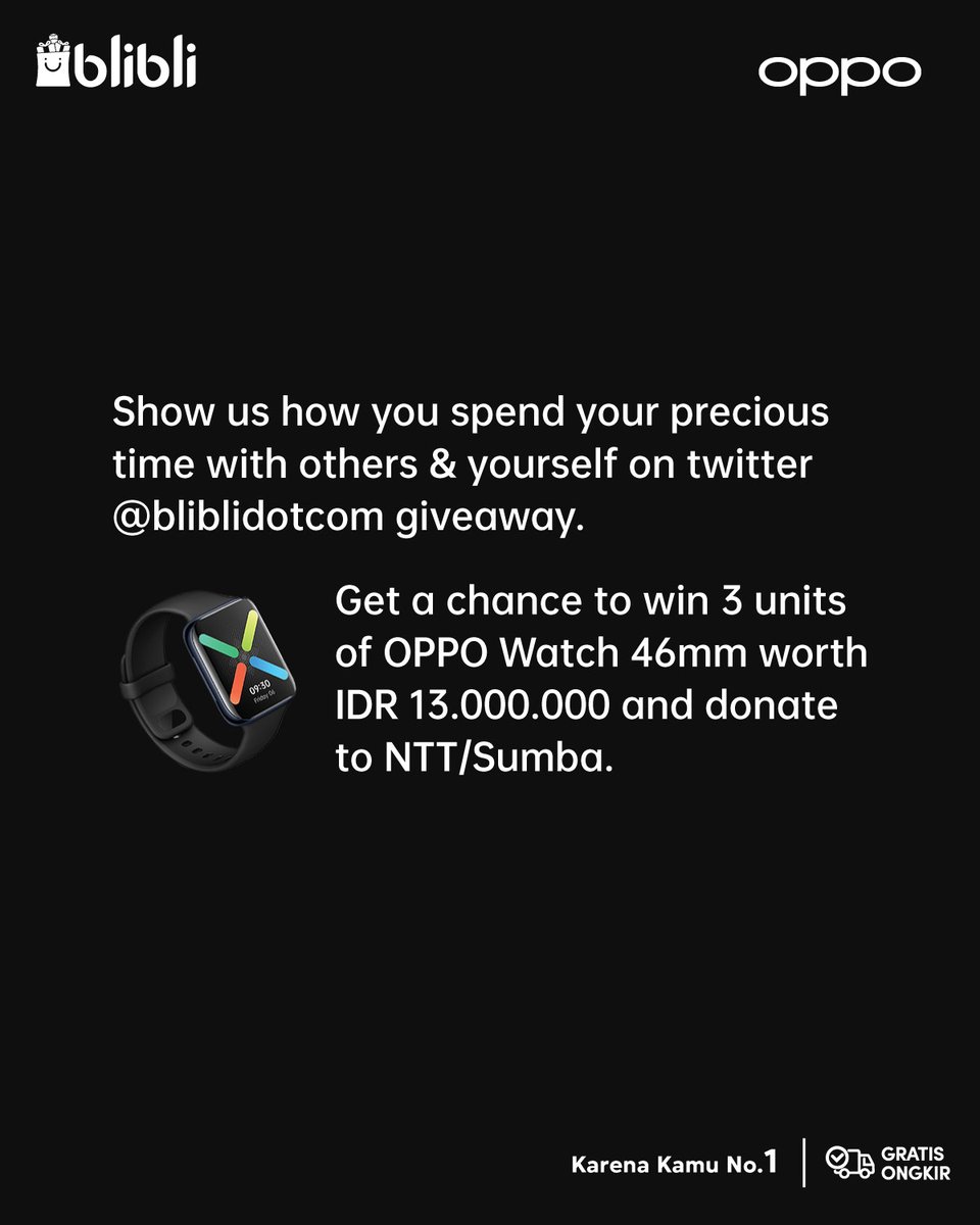bliblidotcom's tweet photo. ✨#OPPOFindTime x #DikagetinHisteria1111✨

Ada 3 OPPO Watch senilai total 13jt utk 3 orang!

- FOLLOW aku &amp; LIKE twt ini
- REPLY dgn 1 foto momen bahagia + 2 hashtag di atas
- 1 foto kamu berarti 100rb untuk donasi ke NTT/Sumba melalui Happy Hearts Indonesia

Yuk tes hoki kamu! https://t.co/C2VG0DCd1f