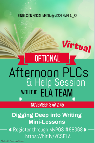 Please join us tomorrow, November 3rd at 2:45 for an optional Afternoon PLC where we will dig deep into writing mini lessons!