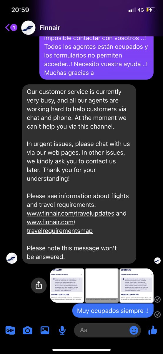yosetify11's tweet photo. La peor experiencia de mi vida con #finnair e #iberia. El primero no se logra gestionar por parte de la página web, no responden el teléfono, todos los agentes están ocupados , he perdido el vuelo , no me deja la pag cambiar o modificar el vuelo .. pésimo, y claro sin reembolso. https://t.co/txjG0s42JI