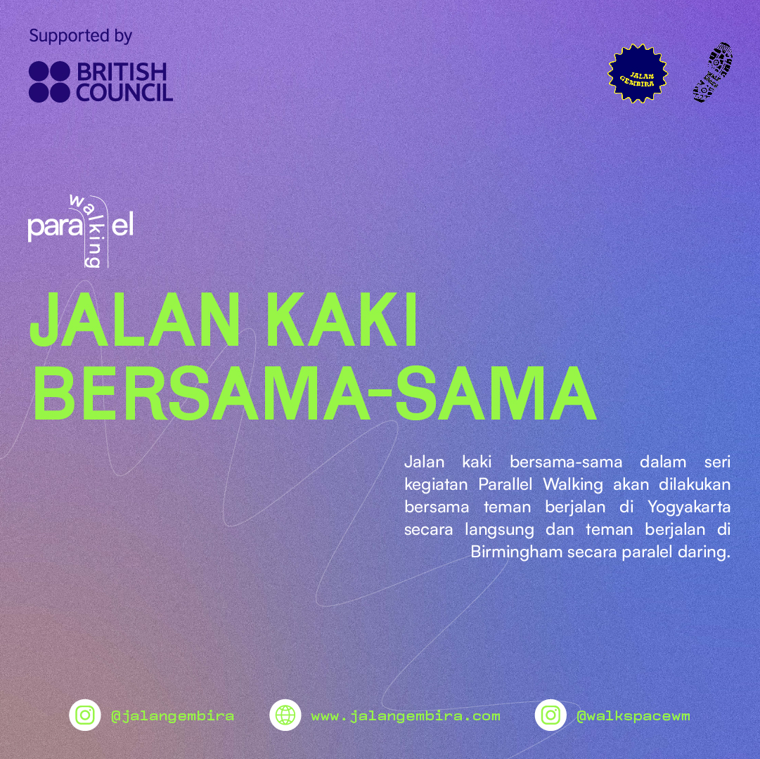 Dengan gembira kami membagi cerita bahwa dalam tiga bulan ke depan, kami akan bekerja bersama dengan Walkspace (UK) dalam seri kegiatan berjalan kaki bersama “Parallel Walking”. 

#CultureConnectsUs
#BritishCouncilCTC
#JalanGembira
#ParallelWalking