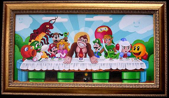 A parody of the Last Supper by the artist Misha. It features several video game icons from the '80s and '90s, with Donkey Kong as Jesus and Mario as Judas.