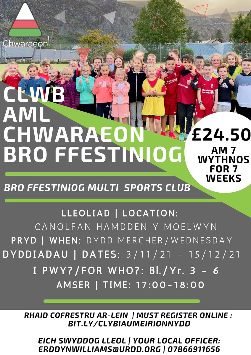 urddmeirionnydd's tweet photo. 🚨 Clybiau Cymunedol Bro Ffestiniog yn ail ddechrau FORY!🚨

Clwb Chwaraeon Bach Bl. 1+2 ✅
⌚️16:00-16:45
Clwb Aml Chwaraeon Bl. 3-6 ✅
⌚️17:00-18:00

Cofiwch gofrestru ar-lein👇👇
https://t.co/rD41e6Z4yC 
🏑🏉🏐⚽️🎾
Am fwy o wybodaeth:  
📧Erddynwilliams@urdd.org
📲07866 911656 https://t.co/kTJ3aRZFpJ
