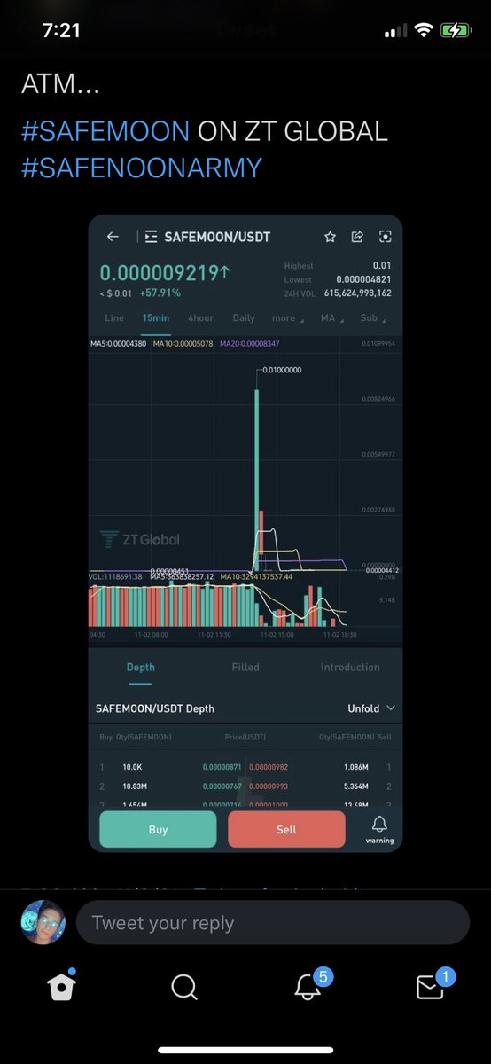 NygDom9's tweet photo. According to people on twitter and @ZT_exchange safemoon hit 1 penny 0.01 on their exchange👀😈 See this is what would happen if we were listed on Binance and Coinbase or kraken👀👀 #SAFEMOONARMY #SAFEMOON #SAFEMOON01 #SAFEMOONTOOTHEMOON https://t.co/mhscLUmRNu