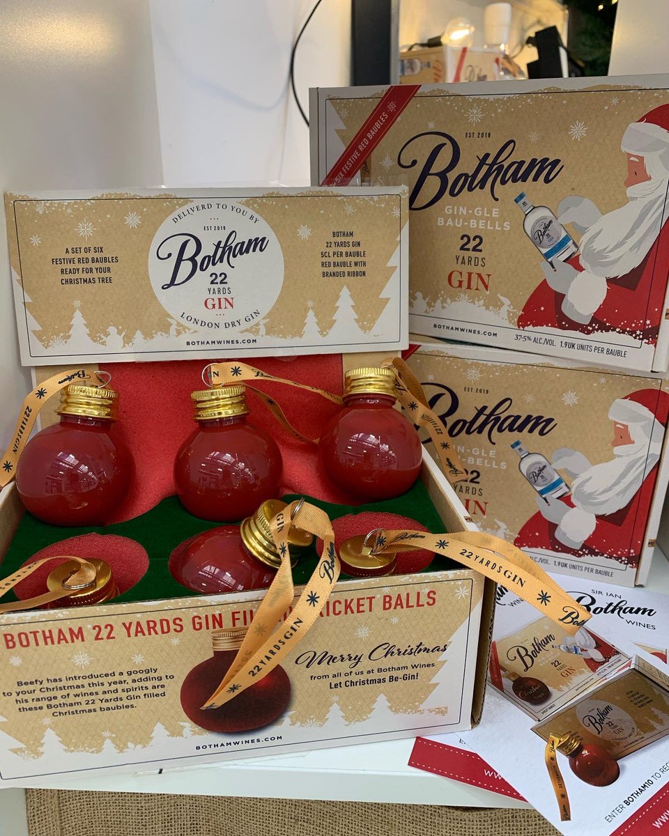 Gin filled Christmas Baubles for sale, filled with our lovely Botham 22 Yards Gin. Box of six £25. Perfect for stocking fillers and secret Santa’s as well as a gift for any gin lover. @BeefyBotham @BothamWines #Christmas #Gin #StockingFiller #gifts