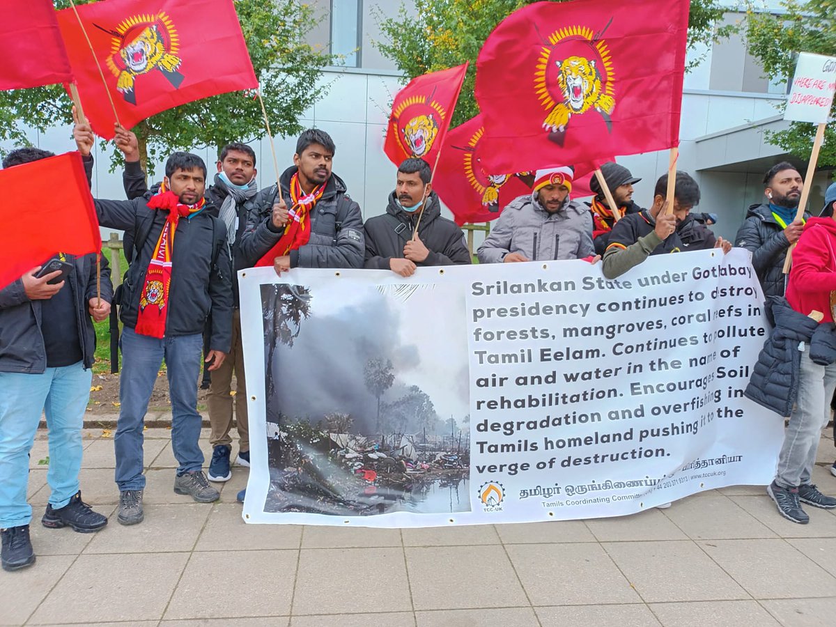 hunters_for's tweet photo. The Freedom Hunters For Tamils and other Tamil diaspora organisations have organised a protest in front of South side of the river Clyde directly across the COP26 venue, Glasgow against  the visit of the mass murderer and the current Sri Lankan president Gotabaya Rajapaksa. https://t.co/OfN381v7QE