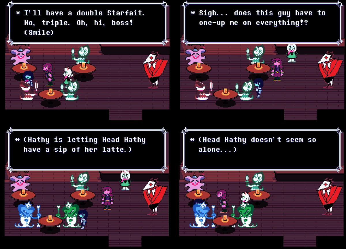 FactUndertale's tweet photo. * If you put certain Darkeners together at the 2-person table inside the cafe, you'll get alternate dialogue when you talk to them.

Submitted by: @bugbard https://t.co/wXDKFbomvu