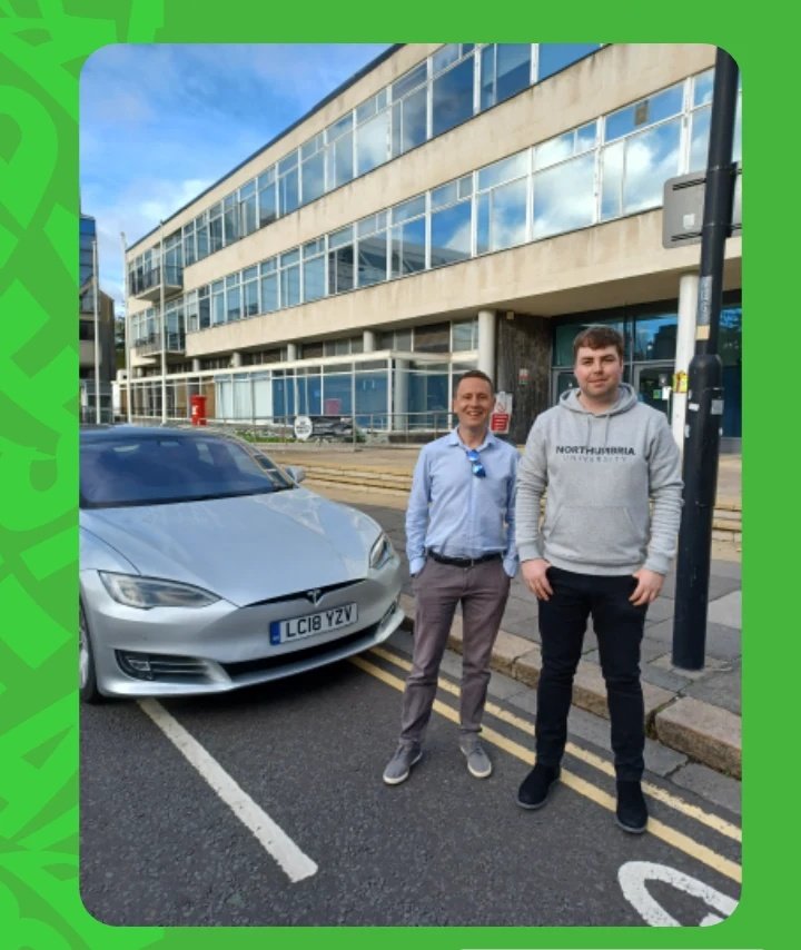 NSUPres's tweet photo. On the road to COP26 in Glasgow with Neil @NUPV_Research

On our way in the electric Tesla, so no emissions during our journey!

@NorthumbriaUni @NorthumbriaSU
#COP26 #climateaction https://t.co/GfURHjuBS6