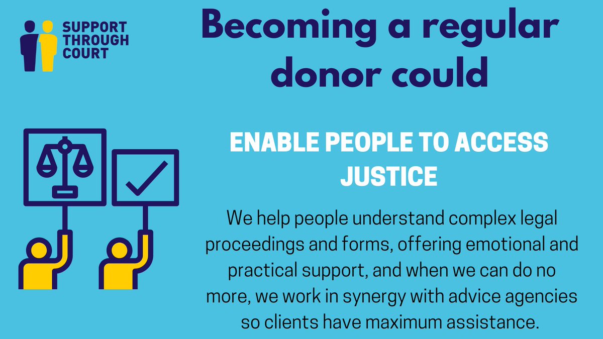 SupportTCourt's tweet photo. Our volunteers have an expert understanding of how the courts work and how to prepare clients, but if it is legal aid they require, we'll always signpost to the right agencies. Become a regular donor today to support our vital services: https://t.co/NLpPCQMqTg
#ProBonoWeek https://t.co/ynhkE5jrh4