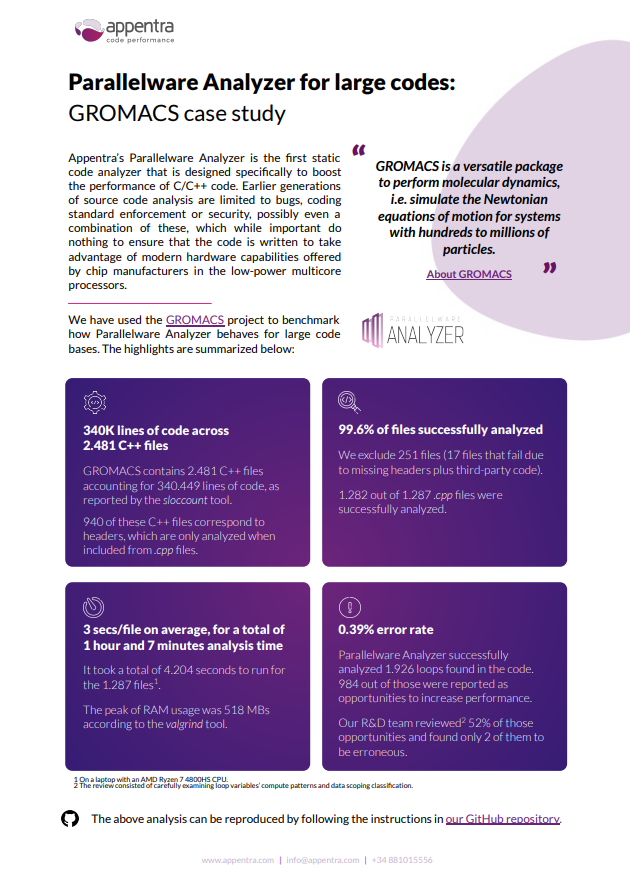 We have used the #GROMACS project to benchmark how #ParallelwareAnalyzer behaves for large code bases. 
📋 This is the result of the case study: appentra.com/parallelware-a…

#HPC #codeperformance #benchmark