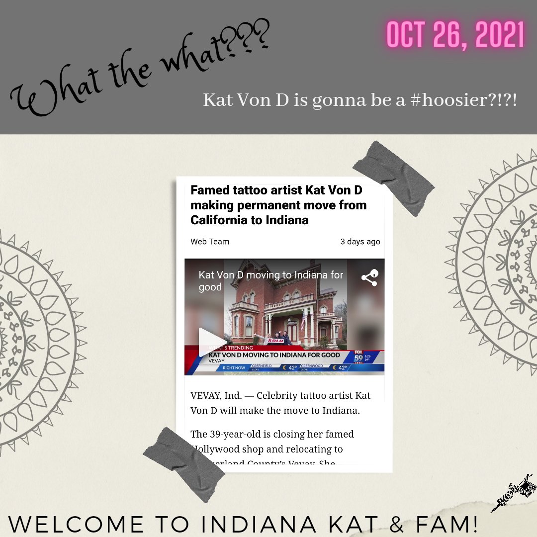 TattooedBarefo1's tweet photo. What the what?!?! Kat Von D is making the move to the #hoosierstate
Welcome to #indiana
#tattooedandbarefoot
#tattoolife
#katvond #tattooedig #inkedinindiana #katvondtattoo #tattoosareagirlsbestfriend #tattoosociety #inked #inkedlifestyle #tattoolove #tattoomaster #inkmaster https://t.co/rx6ZqYLT9u