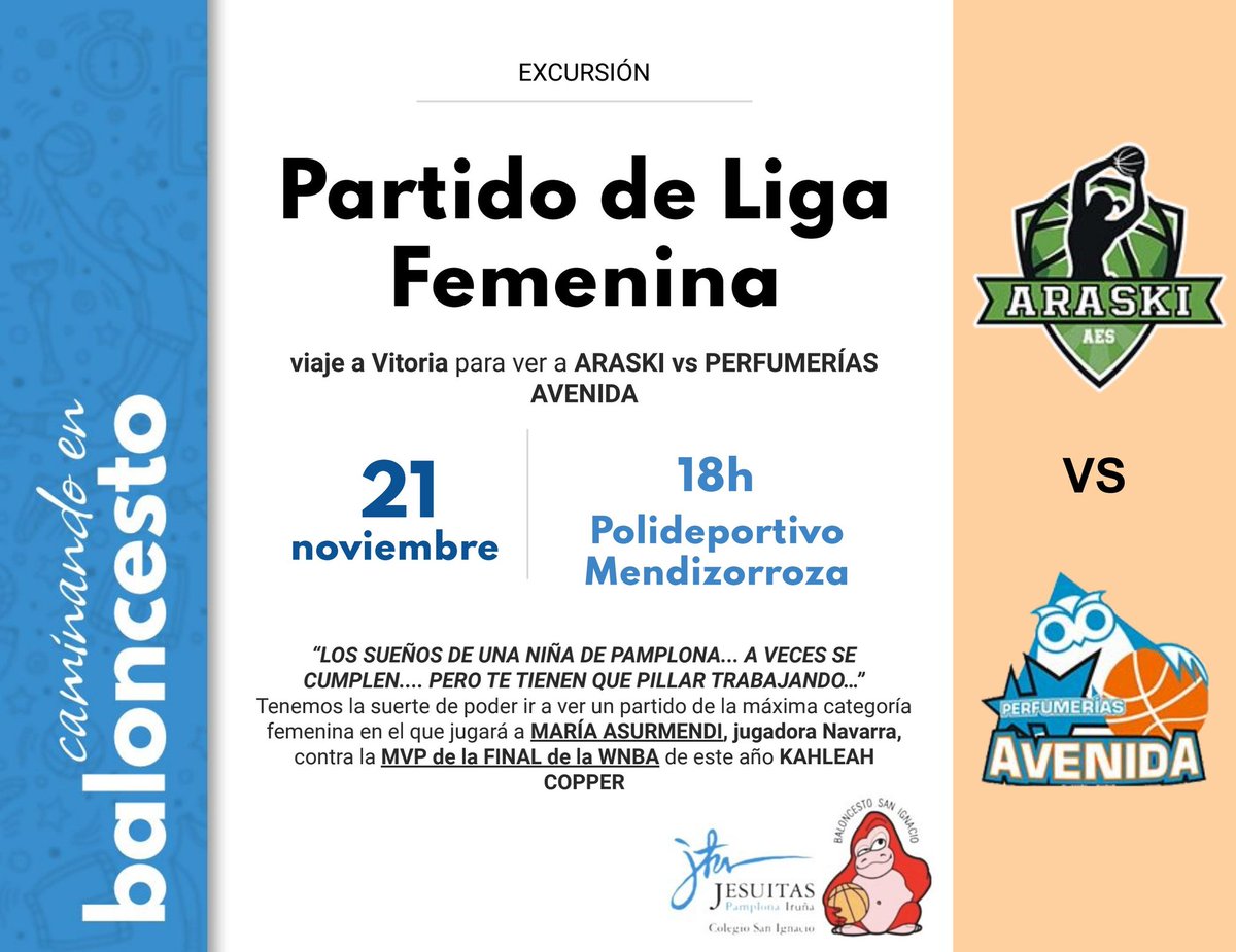 Baloncesto_CSI's tweet photo. ¡Buenos días ROJ@S!Aqui os dejamos nuestro "brownie" de noviembre. Excursion a ver baloncesto de elite: @Araski en casa contra @CBAvenida. Jugadoras WNBA. Ni una ni dos,muchas. Primerisimo nivel empezando por nuestra querida @MariaAsurmendi ¡Podemos ir en familia! ¿Os apuntais? https://t.co/FpnSfN3gzs