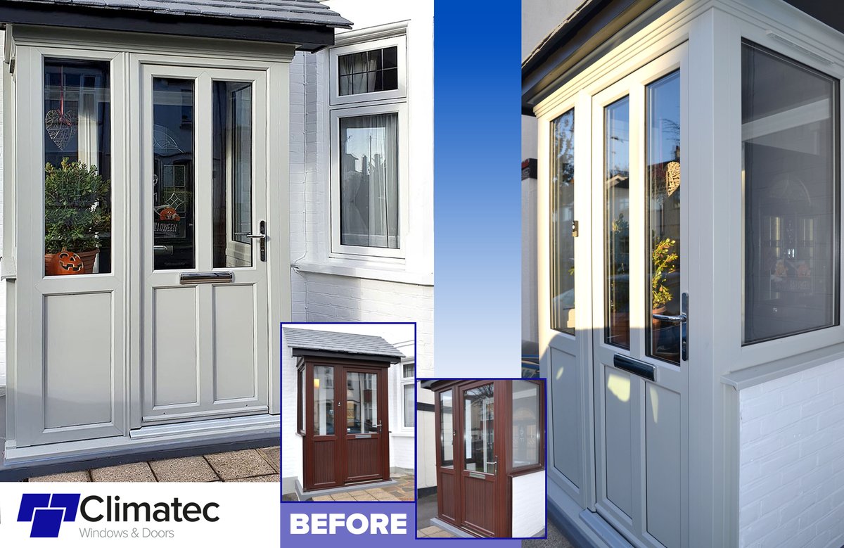 ClimatecWinLtd's tweet photo. When you have brand new white REHAU Rio flush fit windows, a brown porch simply won't do! Replace it with a Pearl Grey one and now you're talking. What a difference. This looks great! #greywindows #greydoors #porch @REHAUWindows https://t.co/Wi5fyaq57U