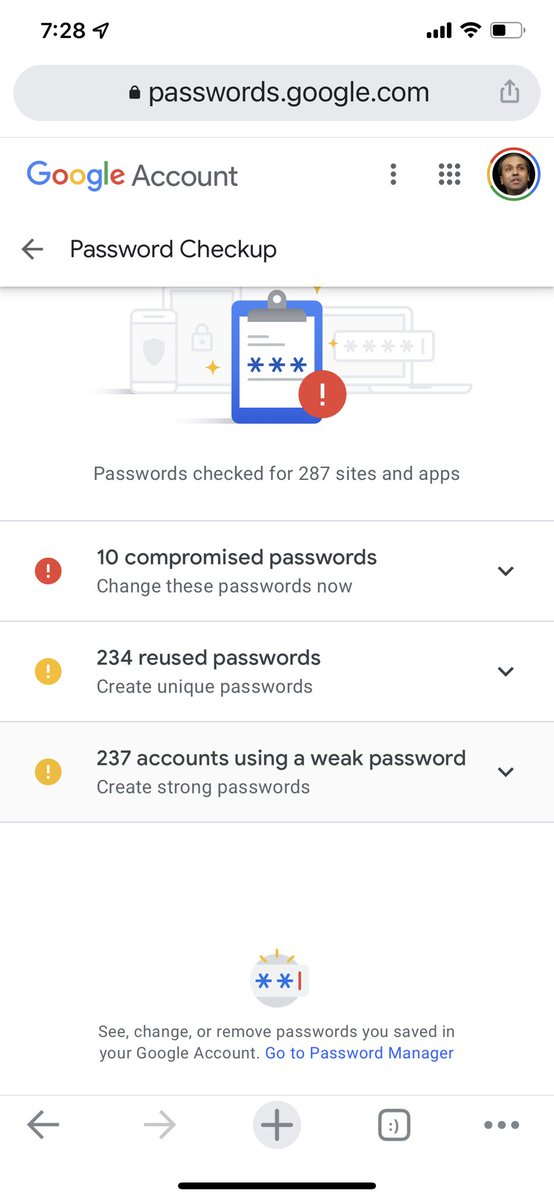 sree's tweet photo. @Tweetinggoddess @elanazak 227. SCARY STUFF! Please check for compromised passwords via your @Google Password Manager: https://t.co/J3u7hlTB1p #learnsocmedia #sreetips https://t.co/tzyNY16q1t