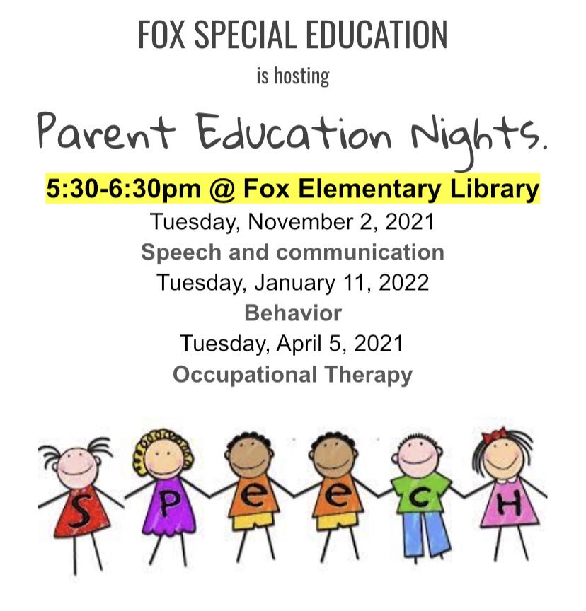 larrys_class's tweet photo. Fox Elementary is so excited to host the first annual 3 part series of Parent Night for our parents of Special Education students. Tonight parents will  learn how to incorporate SPEECH strategies at home for student success. #likeafox #Kleinisd https://t.co/HmjKJkVM2x