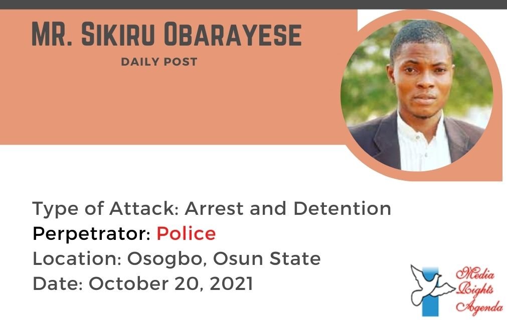 MRA_Nigeria's tweet photo. @Obarayesedhikru, @DailyPostNGR correspondent, was arrested by the police during the #EndSARS anniversary match in Osogbo, the Osun State capital on October 20, 2021
#EndImpunityNG https://t.co/JN0LHregCo