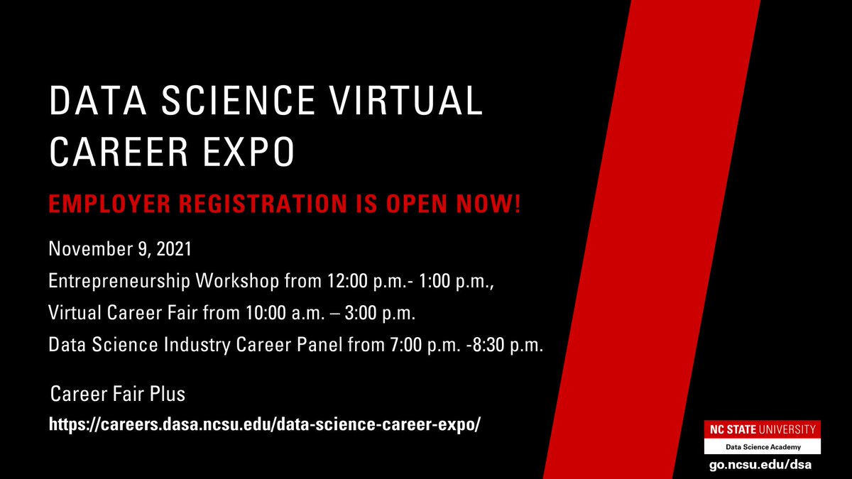 NCState_DSI's tweet photo. Please Join Us for the Data Science Career Fair Nov. 9,2021. Find out more here:  https://t.co/6zV3L5QvpJ https://t.co/JfbsGRXR2S