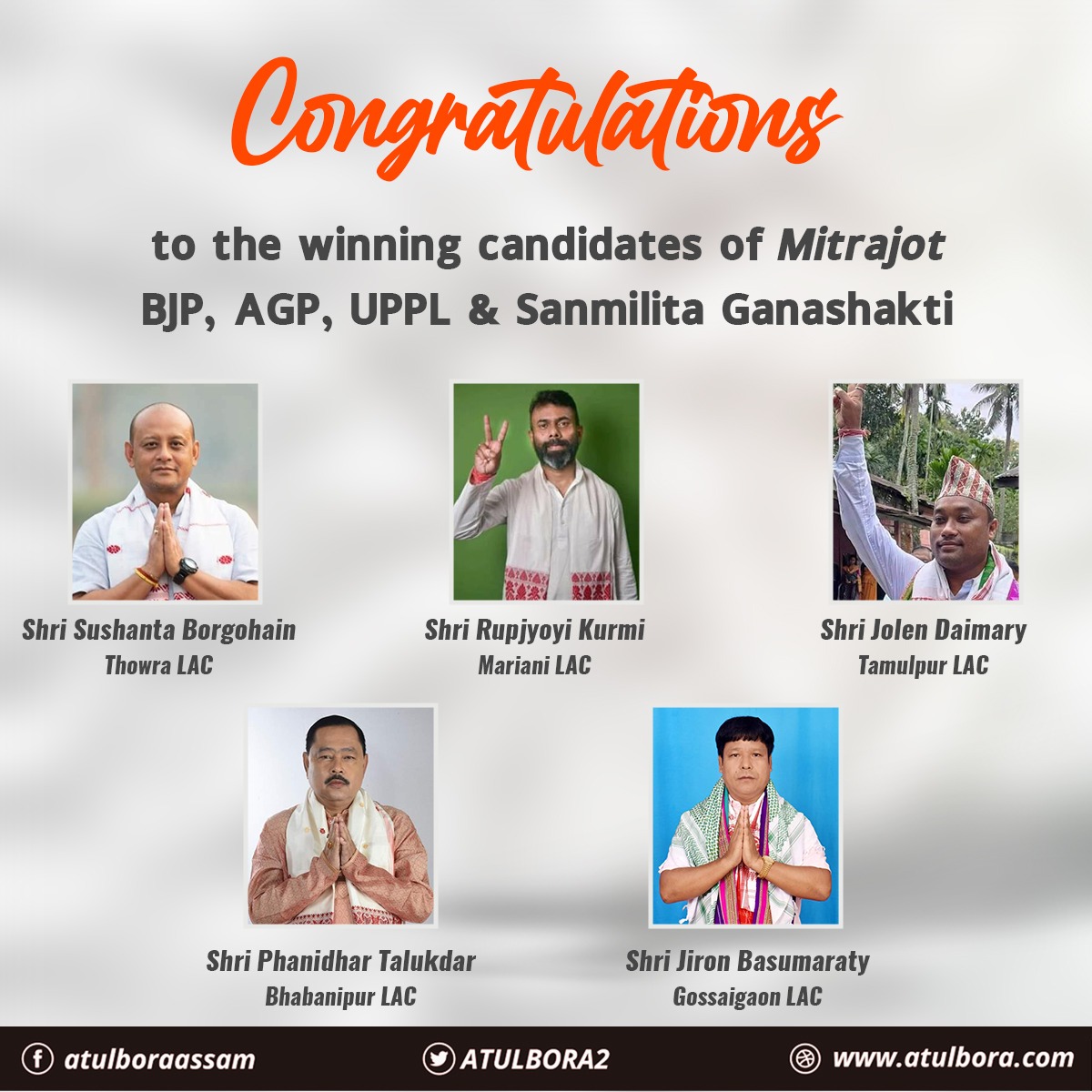 ATULBORA2's tweet photo. Heartiest congratulations to Mitrajot candidates Shri Sushanta Borgohain, Shri Rupjyoyi Kurmi, Shri Jolen Daimary, Shri Phanidhar Talukdar and Shri Jiron Basumaraty for the impressive win in Assembly by-polls.

Gratitude to the people for their unwavering support towards NDA. https://t.co/ATgBeOSCp6