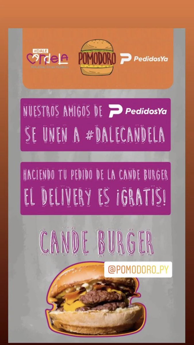 DaleCandelapy's tweet photo. ES HOY!!!! Pidan su Cande Burger de @PomodoroPy 🍔 Con delivery GRATIS si pedis desde la app de @PedidosYaPY 
Ayúdanos disfrutando de esta delicia 🙏🏽
Juntos podemos completar el corazoncito de nuestra Cande 🙌🏽
PORQUE JUNTOS SOMOS INVENCIBLES ❤️‍🔥 
#daleCandela 💜🧡 https://t.co/2uHM6mGD1W