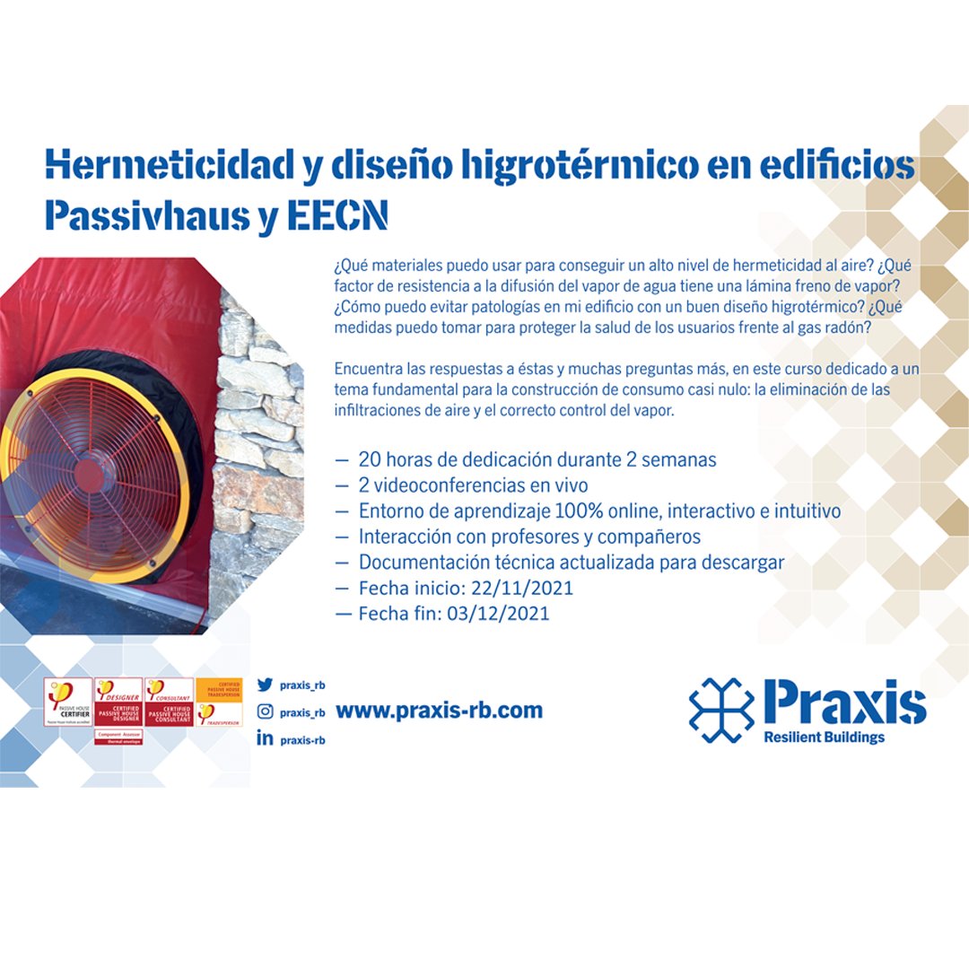 Praxis_rb's tweet photo. 📡 Lanzamos nuestro primer curso de formación online: ¡práctico, interactivo y accesible! 😀

🌟 Hermeticidad y diseño higrotérmico en edificios Passivhaus &amp; EECN 🌟

👍 Fecha inicio: 22/11/2021
👍 Fecha fin: 03/12/2021

👉 Mas Info &amp; inscripciones aquí: https://t.co/MKop1svedJ https://t.co/8YZU2A7ViC