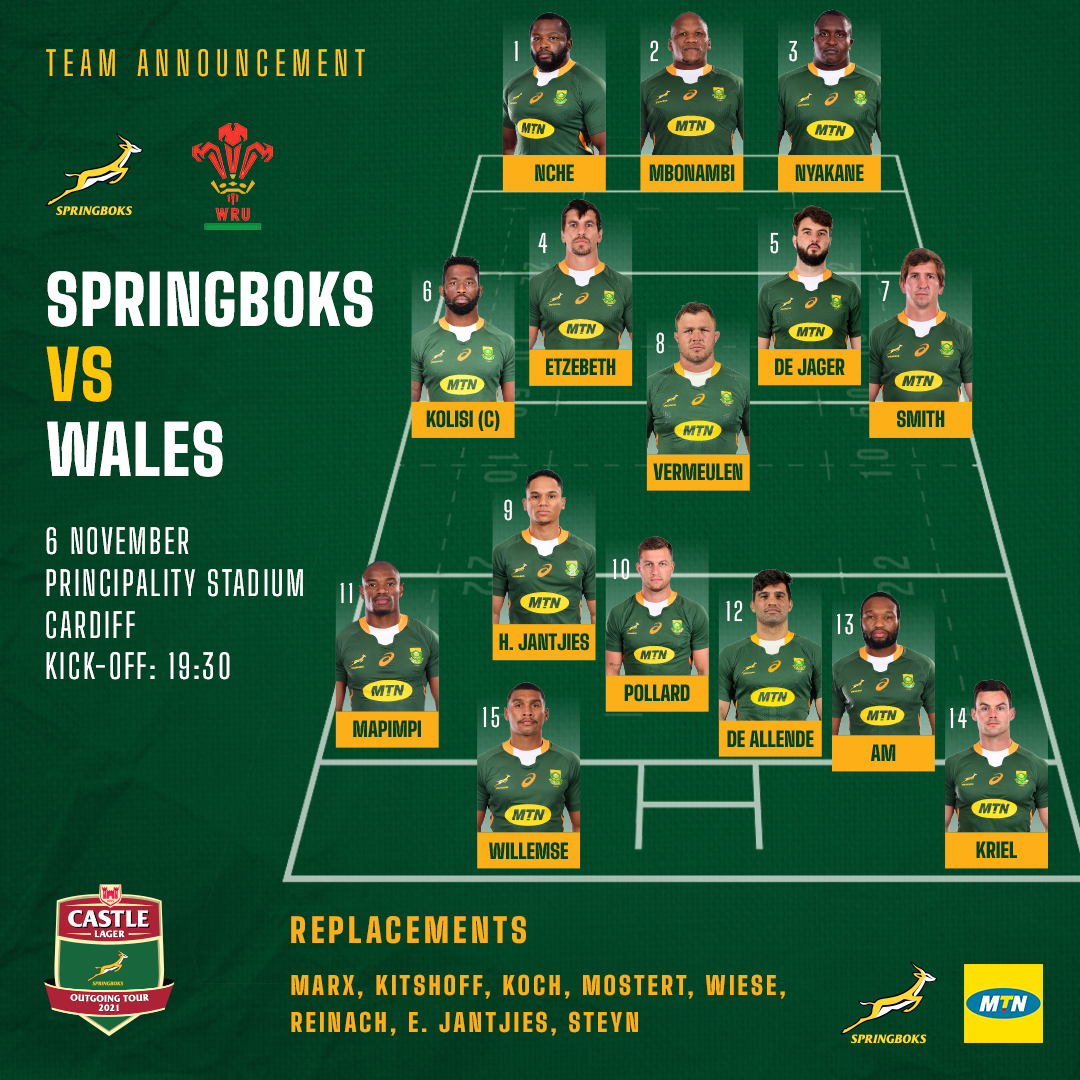 🇿🇦 Four changes to the Springbok match-23 for Wales
➡️ Willemse, Kriel and Jantjies to start in Cardiff
🗣️ "We know that this is going to be a hard grind"
👉 Team announcement: bit.ly/2ZVe6eW
#StrongerTogether #StrongerForever