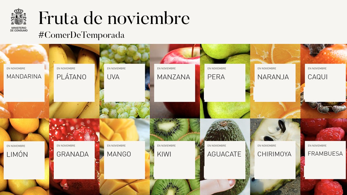 consumogob's tweet photo. ¿Quieres asegurarte de consumir #fruta en su punto óptimo de maduración? 🍌🍇🥝🥑 

En noviembre, llena tu cesta de estos alimentos. 

#ComerDeTemporada nos proporciona alimentos cuya cercanía y frescura garantizan que se encuentran en sus mejores condiciones 👩‍🌾 https://t.co/tw7QBAqG6b