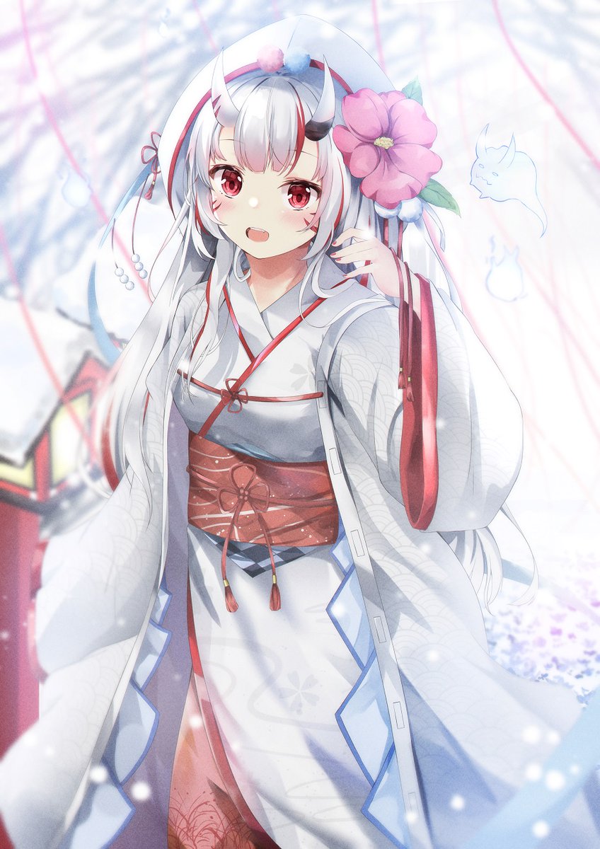 nakiri ayame 1girl uchikake japanese clothes kimono horns red eyes wataboushi  illustration images