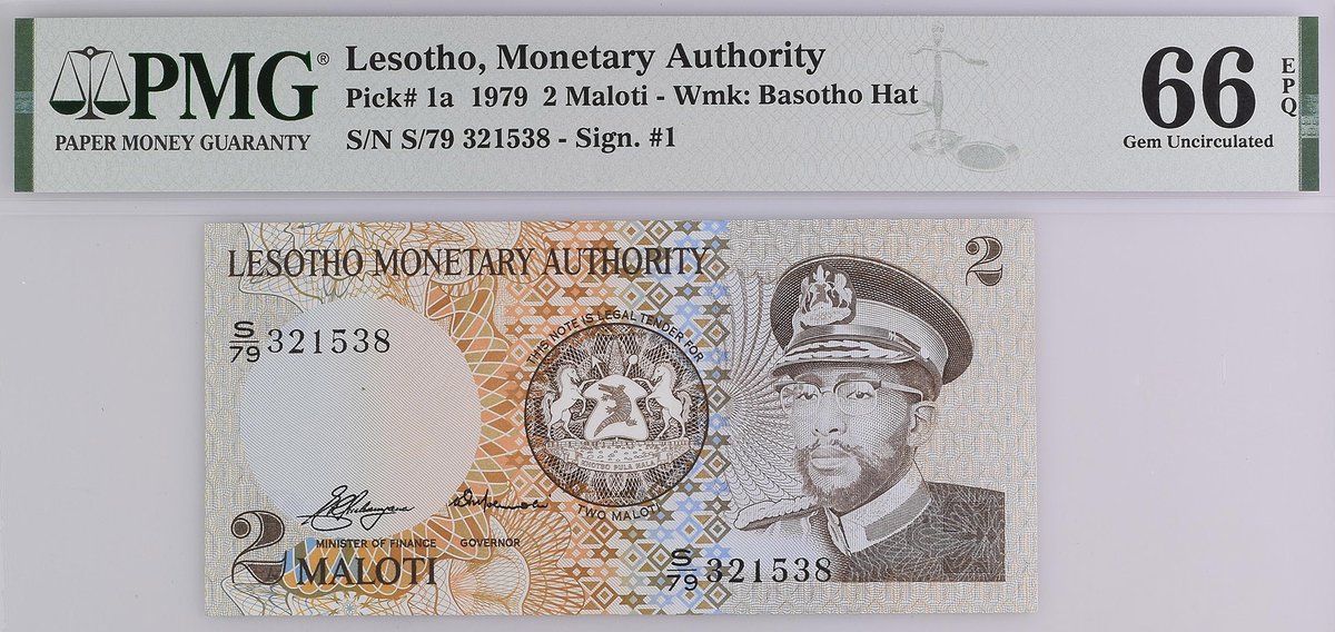 PMGnotes's tweet photo. Note of the Day: #TravelTuesday brings us to Lesotho, a nation that is encircled by South Africa. The Basotho Hat Building, a landmark in the capital city of Maseru, is seen on the back of this 1979 2 Maloti. #numismatics #papermoney #banknote #lesotho #maloti #notecollecting https://t.co/8xtVFrbQnZ