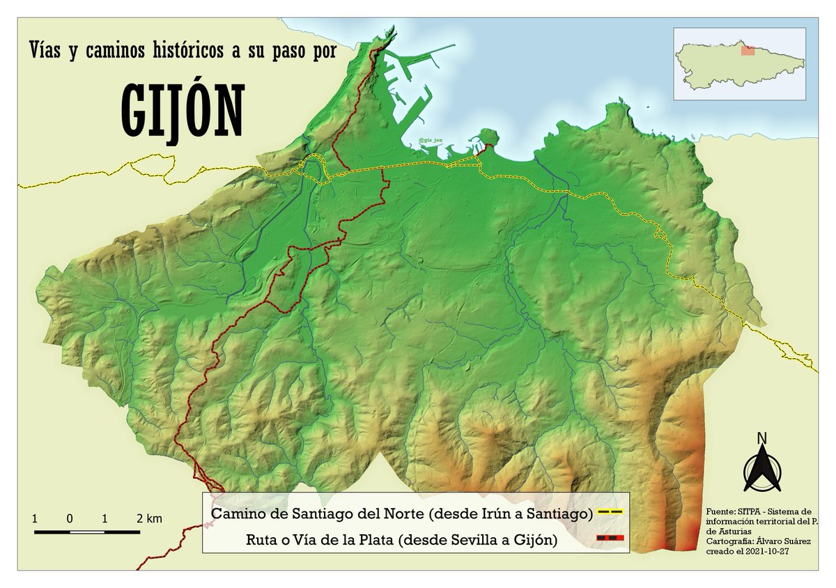 gis_jon's tweet photo. #30DayMapChallenge Day 2: Lines #QGIS 🗺️
🇪🇸Vías y caminos históricos a su paso por #gijon #Asturias: Camino de Santiago y Vía de la Plata #rutadelaplata #caminodesantiago 
🇬🇧Routes &amp; historic roads passing through Gijón(SPA)
🇫🇷Routes et sentiers historiques traversant Gijón(ESP) https://t.co/Hj5I3s8VgN