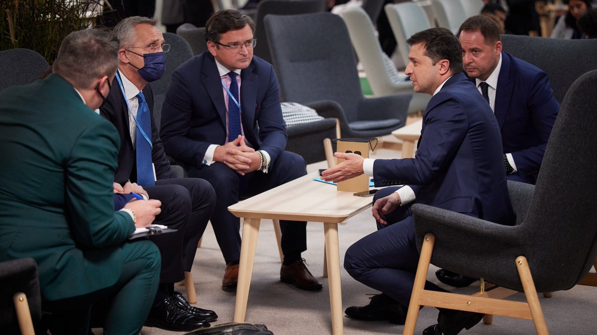 ZelenskyyUa's tweet photo. On the sidelines of @COP26, @jensstoltenberg and I discussed the development of the security situation in #Donbas. @NATO support is very important for 🇺🇦 in the context of the challenges facing our country. https://t.co/d3YcPXKTIl