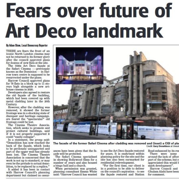 SAVEtoReuse's tweet photo. 🆘Concerning images emerging showing the apparent demolition of Harrow's former Dominion Cinema frontage📽️Planning permission for flats behind was conditional on retention and restoration of the facade⚠️Urgent action by @harrow_council needed👁️@gdh1961 @CTheatreAssoc @C20Society https://t.co/F5bLNhjvMM