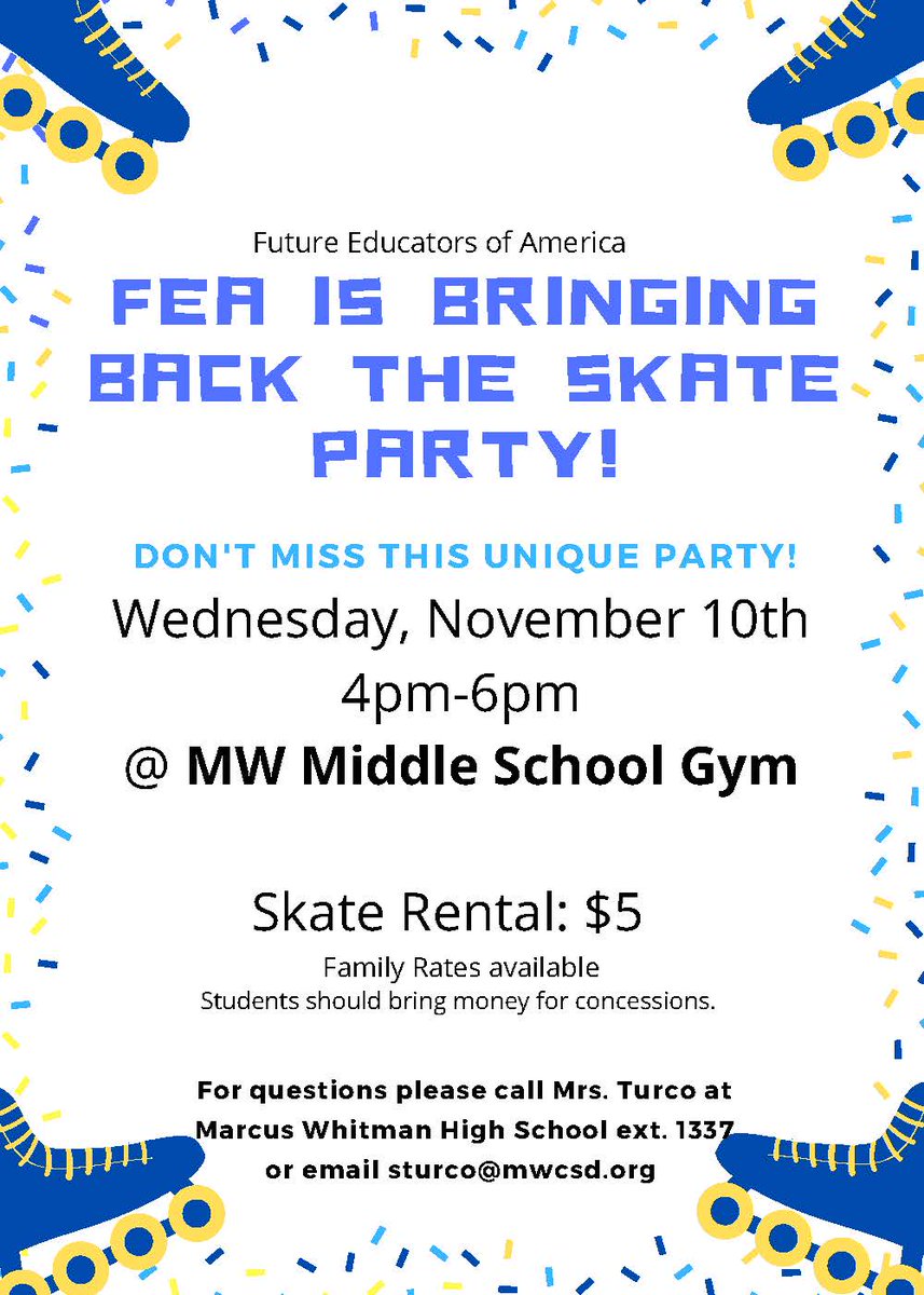 MWCSDTweets's tweet image. Reminder @Gorham_MWCSD : Skate Money and Permission slips are due this Friday, November 6th.