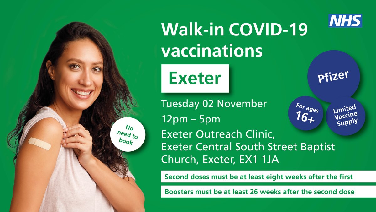 Exeter Outreach Clinic will be holding a COVID-19 vaccination session today between 12pm - 5pm.  💉

There's no need to book, please just walk-in. 

Remember second doses must be at least 8 weeks after the first and boosters must be at least 26 weeks after the second dose.