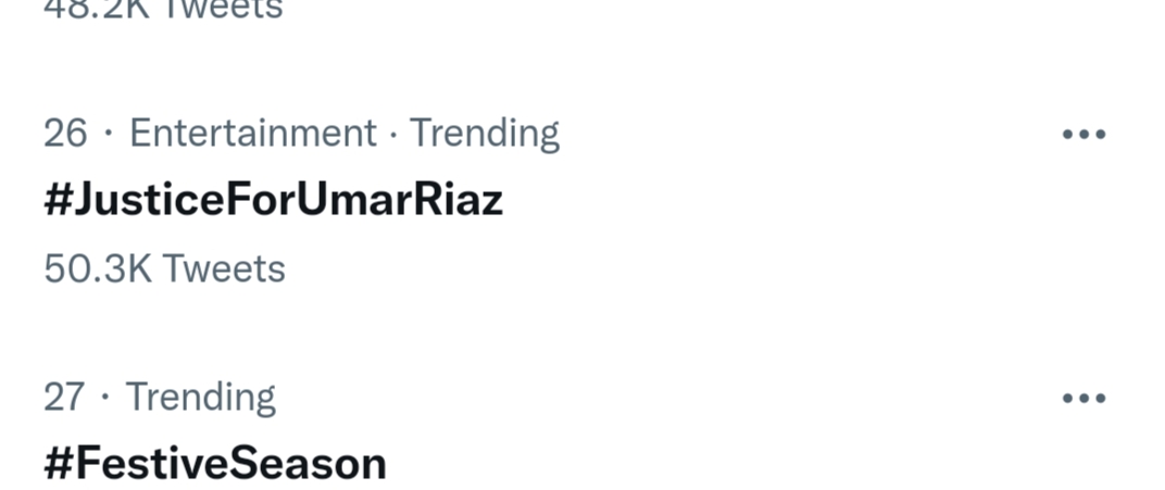 nasim_ahmad1's tweet photo. Speed up guys!
We are trending in 26th position with 50K

We have to cross 1 million! 

#JusticeForUmarRiaz https://t.co/48WdBd7Y0Q