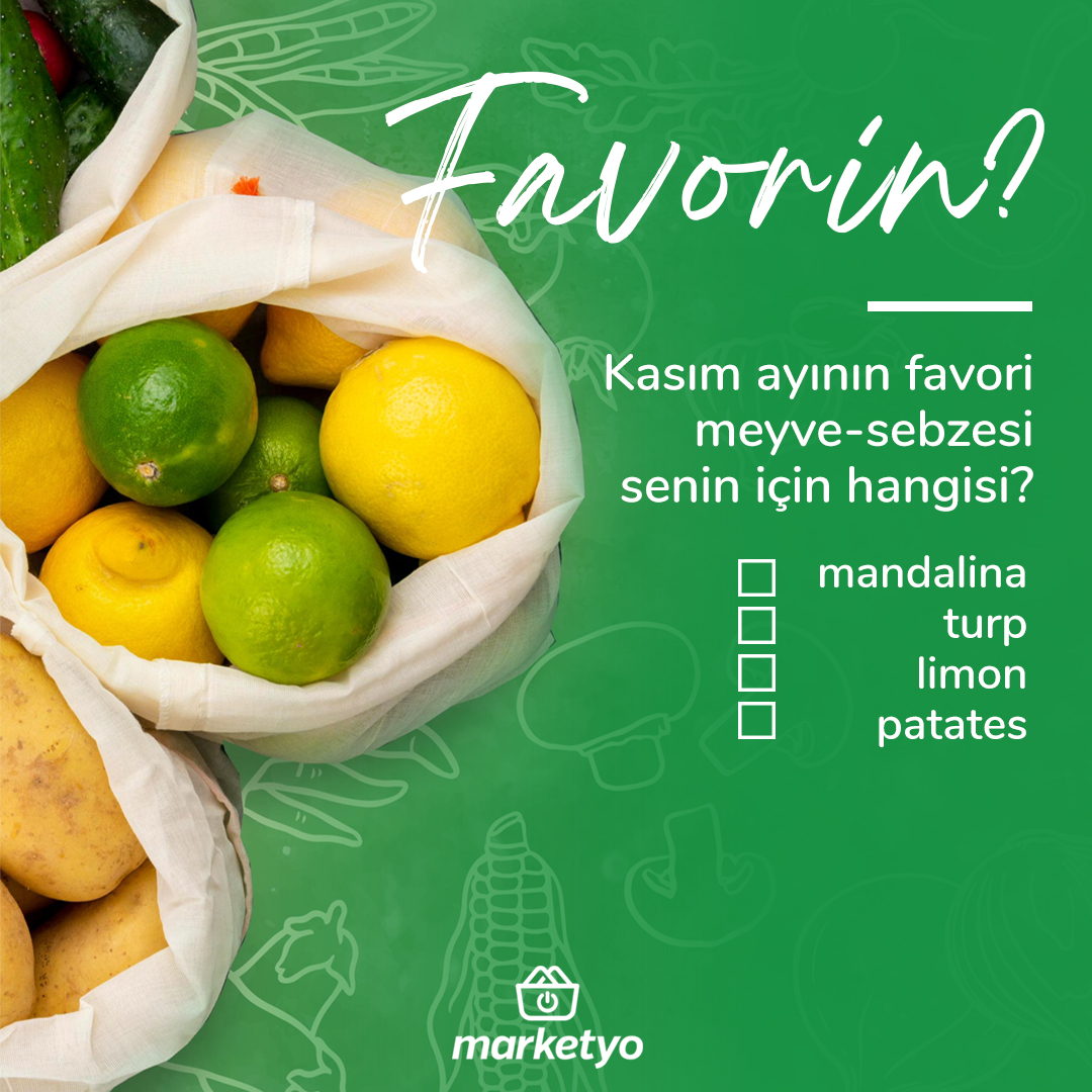 Mevsiminde yetişen meyve ve sebzelerin hem besin değerlerinin, hem de antioksidan özelliklerinin fazla olmasının sağlığımıza olumlu etkileri vardır. Peki Kasım ayı favori meyve-sebzesi senin için hangisi?🥔 🍋
#Marketyo #BildiginMarket