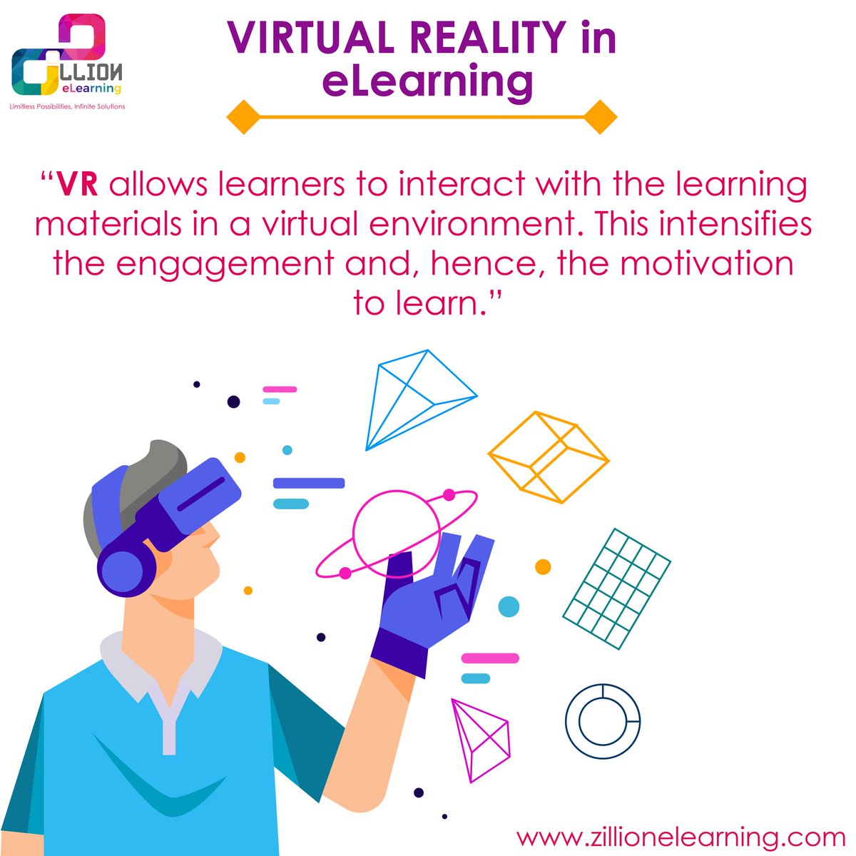 ZilionELearning's tweet photo. "VR allows learners to interact with the learning materials in a virtual environment. This intensifies the engagement and, hence, the motivation to learn.”
#zillionelearning #zillion #elearning #virtualrealityworld #learners #interaction #engagement #motivation #learn https://t.co/0E8GCZfwSN